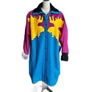 Cindy Owings  ~ Medium Vintage Retro Multi-Colors Moose Design Wool Trench Coat